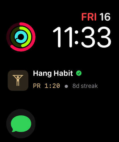 Hang Habit corner complication showing personal record