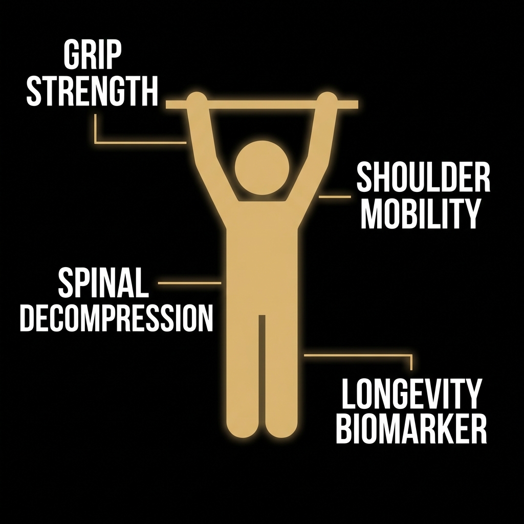 Silhouette of a person doing a dead hang with callouts: grip strength, shoulder mobility, spinal decompression, longevity biomarker