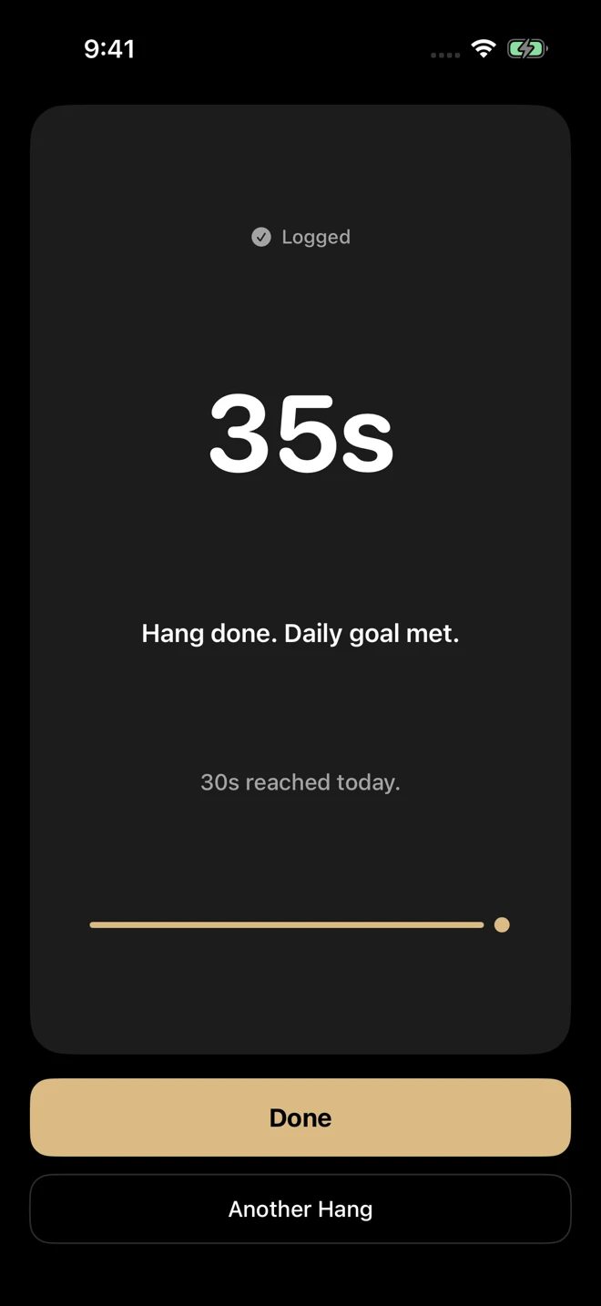 Hang Habit completion screen showing a sample 35-second hang logged