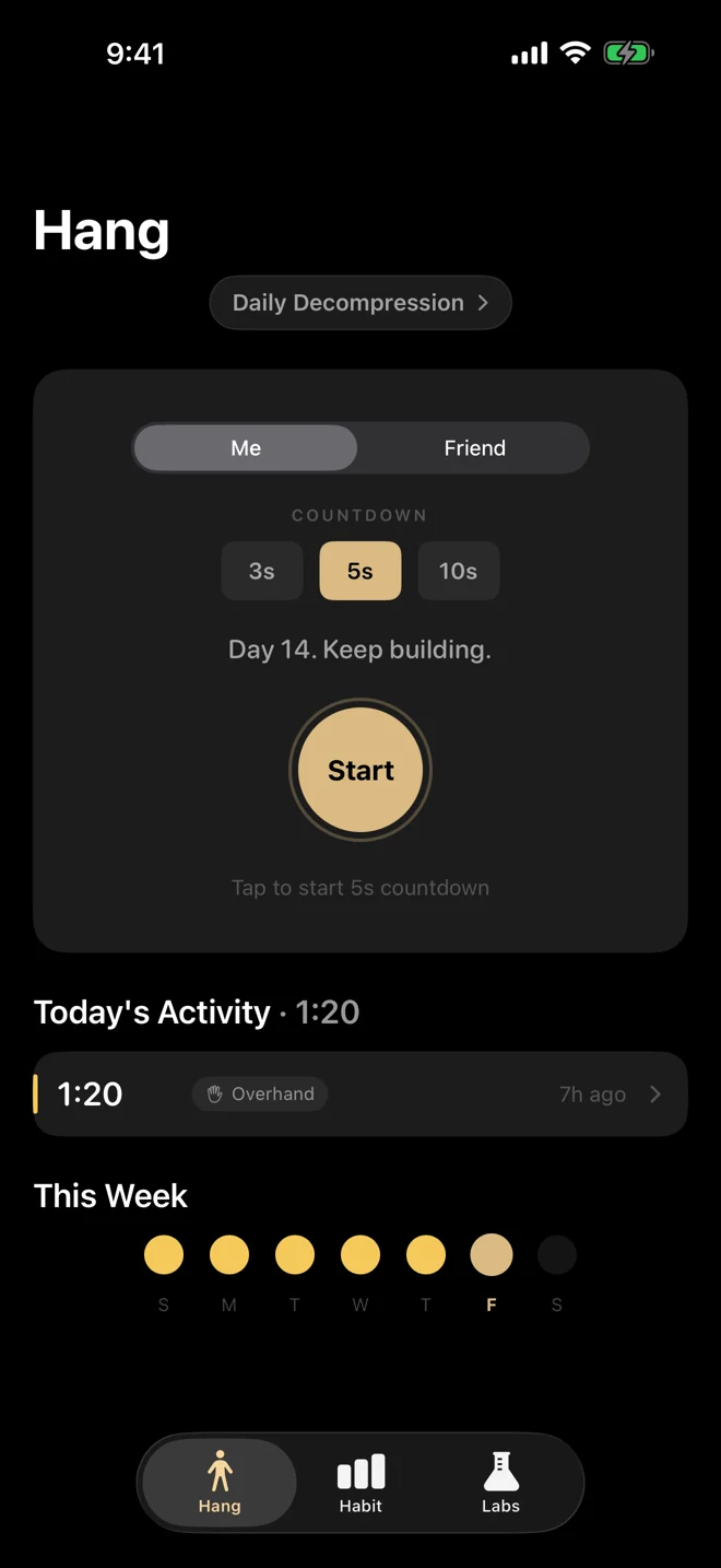 Hang Habit iPhone manual timer with countdown choices and Start button