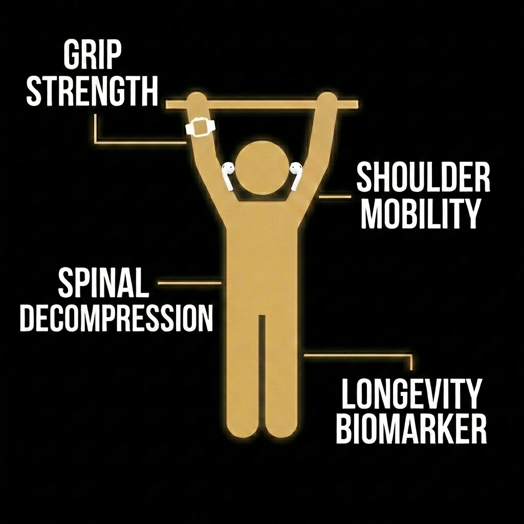 Silhouette of a person doing a dead hang wearing AirPods and Apple Watch